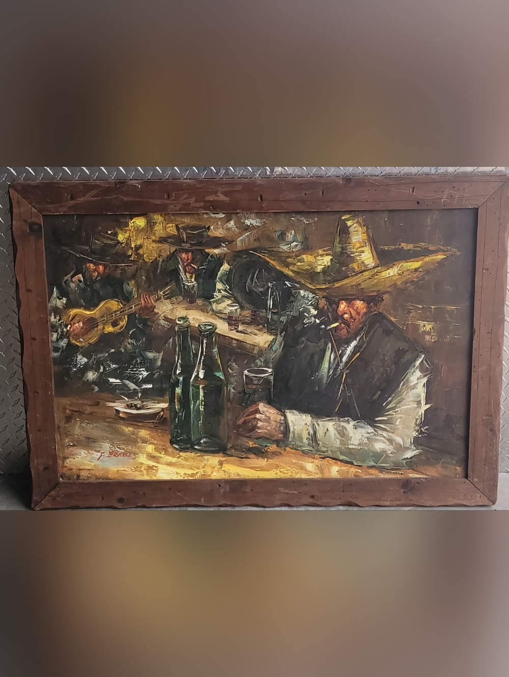 VINTAGE OIL ON CANVAS  Western Bar Scene Oil Painting SIGNED BY F. DRESSEN 29X41